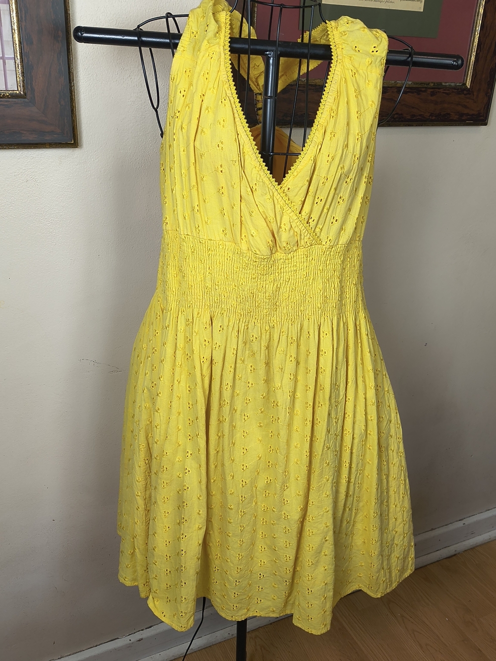 Yellow cotton eyelet shirred sleeveless babydoll sundress